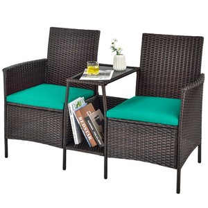 Patio Rattan Wicker Conversation Set Sofa Cushioned Loveseat Glass Table-Turquo