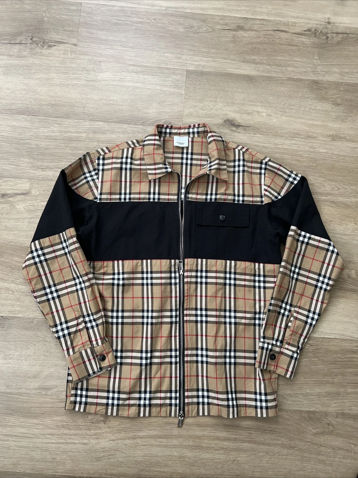 Camicia Burberry pannello a contrasto check nocciola giacca zip intera shacket uomo taglia L
