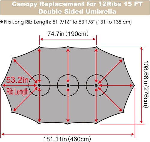 12 Ribs Umbrella Canopy Replacement for 15ft Double-Sided Patio Umbrella, Fra... - Picture 4 of 7