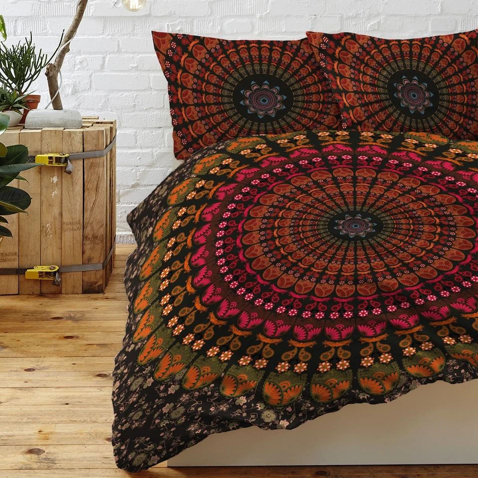 Conjunto de capa de edredom boêmio 3 peças com 2 fronhas preto laranja mandala conjunto de cama - Imagem 4 de 4