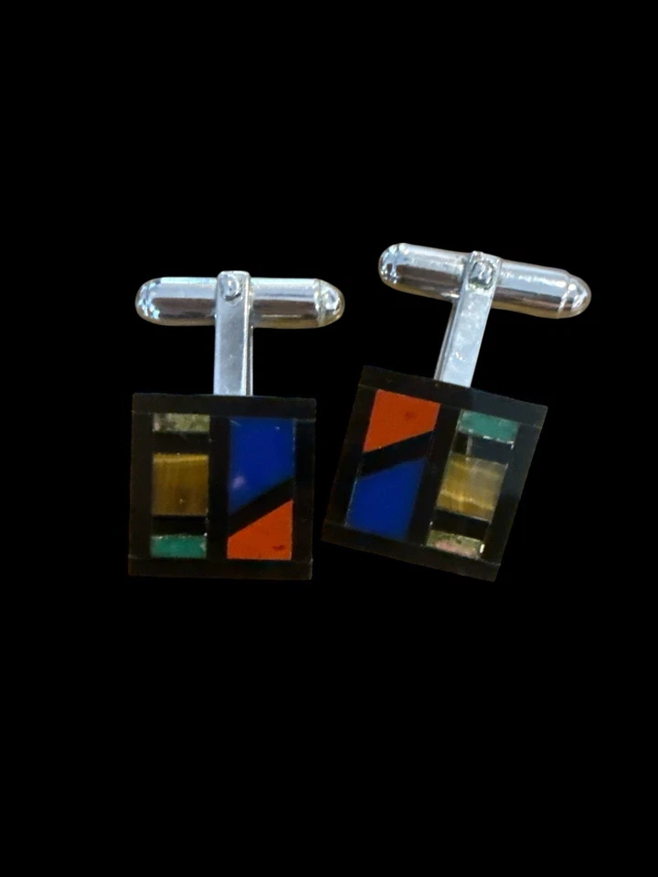 Gemelos David Donahue de plata de ley con incrustación de esmalte modernista con caja Foto 2 de 3