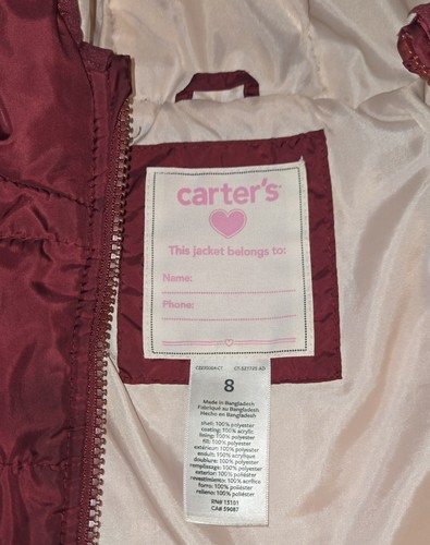 🌟 Carter's Mädchen Puffjacke mit Kapuze weinrot Größe 8 - Bild 2 von 3
