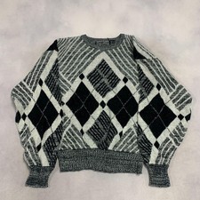 Vintage Abstract Knitted Jumper Patterned Grandad Chunky Knit Sweater Men's M