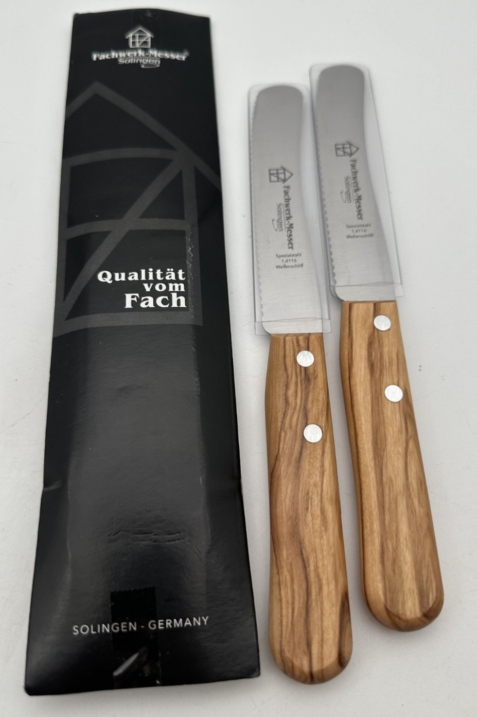Fachwerk Solingen 2x Buckelmesser Frühstücksmesser Brötchenmesser Olivenholz