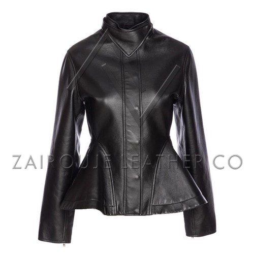 Luxus schwarze Damen Lederjacke, schicker eleganter taillierter Lammfellmantel mit Schößchen - Bild 8 von 10