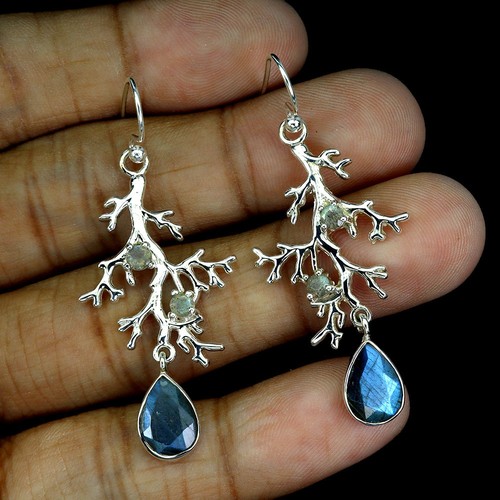 925 Sterling Silver Earrings Pear Labradorite 10x7mm Natural Gemstone Jewelry - Picture 2 of 13