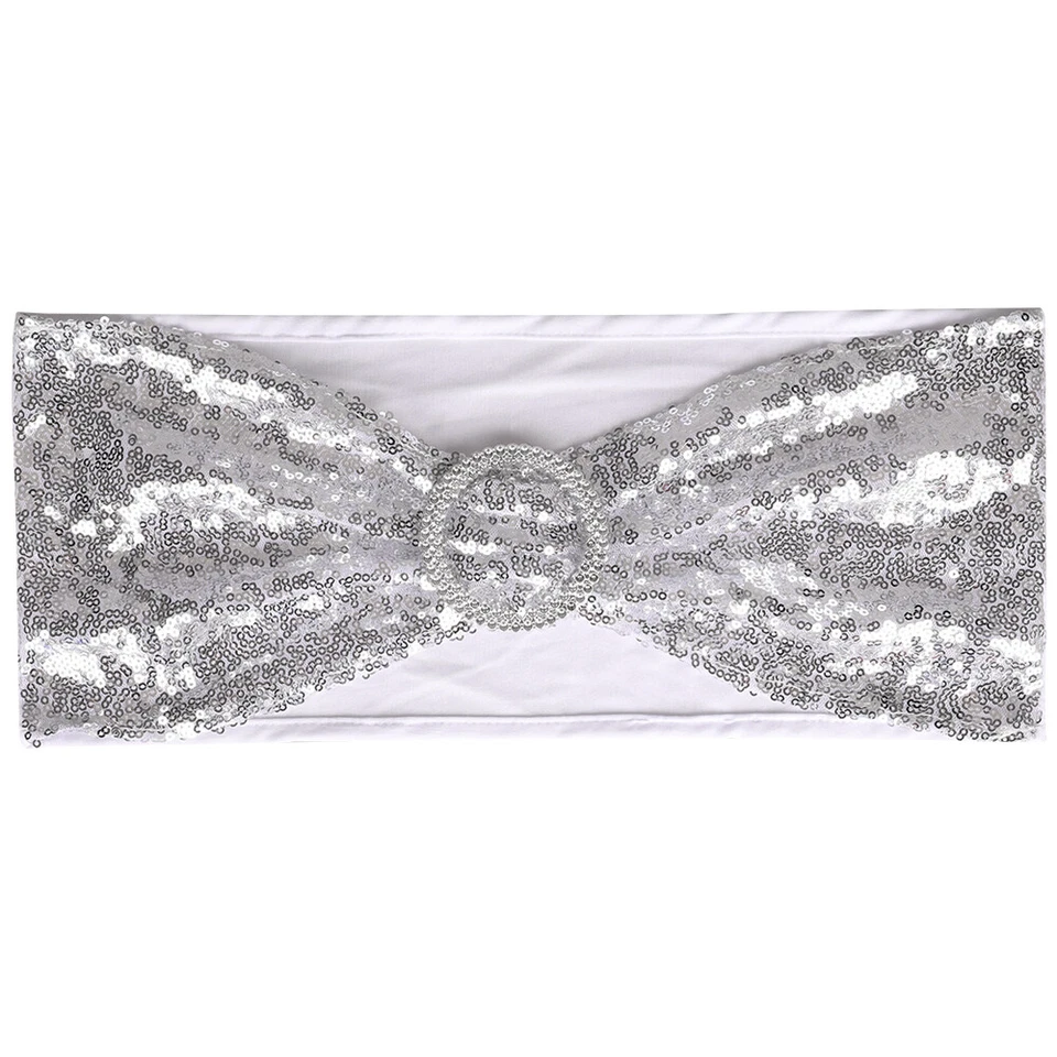 50 Piezas Fajas de Silla de Lentejuelas Spandex Brillo Silla Arcos Alianzas Boda Banquete Decoración Foto 3 de 4