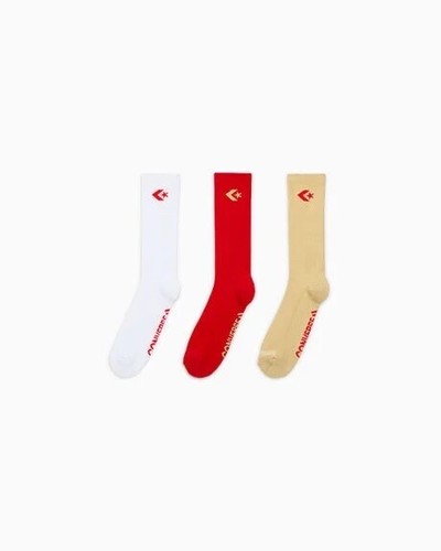 Men Converse 3-Pack Star Chevron Crew Socks Size 6 - 12 White Red Tan - Picture 15 of 18