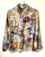 Quintessential Blouse Fringed Hem & Collar Size Medium Gold Brown Gray Women's