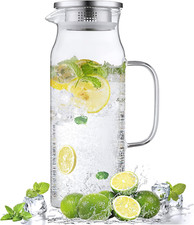 Water Carafe Pitcher 1.6 Liter 54 Oz Glass with Lid and Spout for Fridge