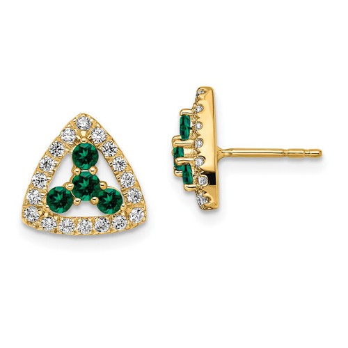 14K Yellow Gold Lab Grown Created Diamond Green Emerald Triangle Studs Gemsto... - Picture 3 of 6