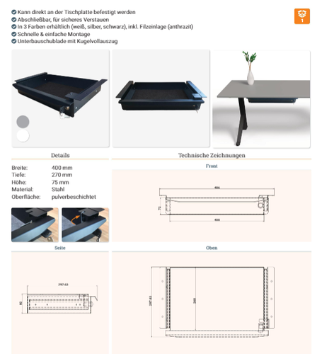 Unterbauschublade Schreibtisch Unterbau - Schublade Hängeschublade schwarz - Bild 4 von 4