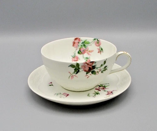 Antique Haviland & Co Meadow Visitors Oversized Cup & Saucer Basketweave Edge