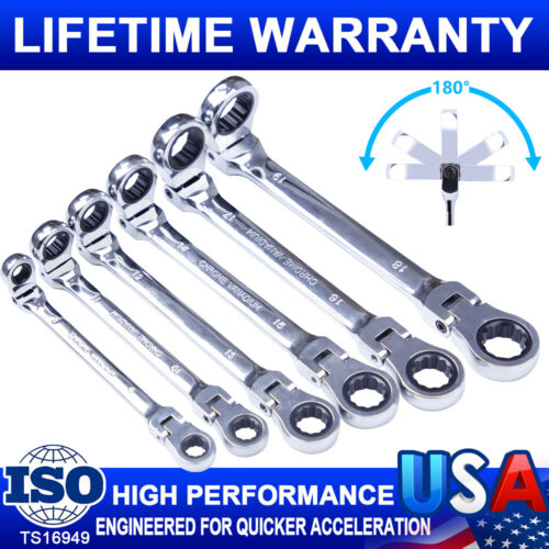 6 Double-Head Movable Ratchet Wrench Flex-Head Extra Long Heavy Duty Spanner Kit - Picture 1 of 12
