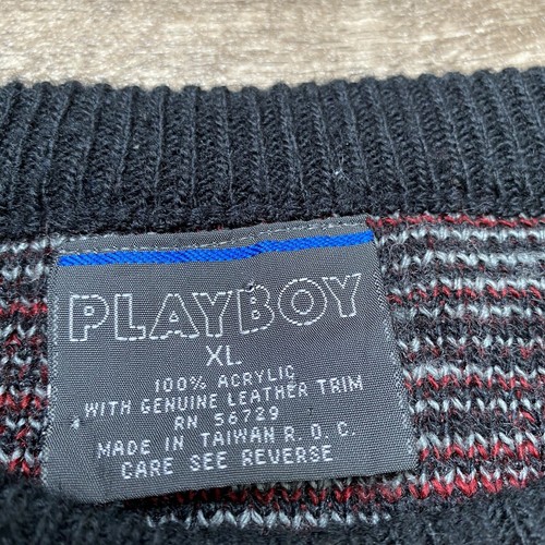 Vtg 80s 90s Knit Sweater Abstract Funky Geometric Avantgarde Leather Trim Men XL - 第 12/14 張圖片