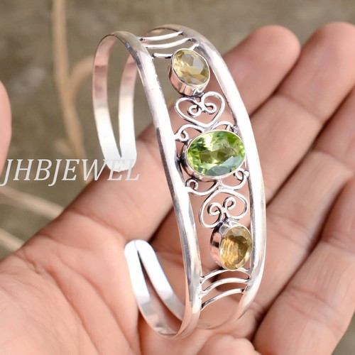 Peridot Cut & Citrine Topaz Gemstone 925 Sterling Silver Creative Bangle Cuff - Picture 3 of 4
