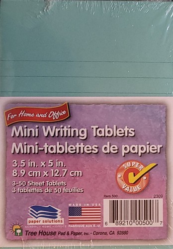 Mini-Writing Tablets Lined 3.5" x 5" 3x50 Sheet Tablets/Pk, S24, Select: Color - Picture 2 of 10