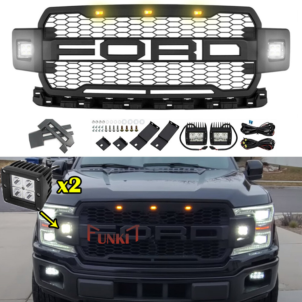 Front Grille For Ford F150 2018 2019 2020 Raptor Style Grill W/LEDS Matte Black