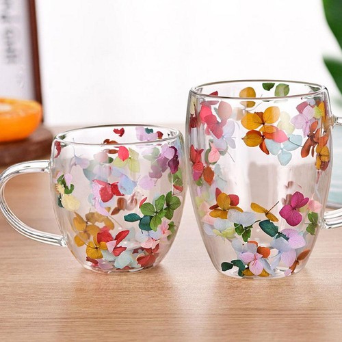 Dried Flowers Double Wall Clear Glass Coffee Mug with Handle Insulated Gl 1212 - Foto 15 di 17