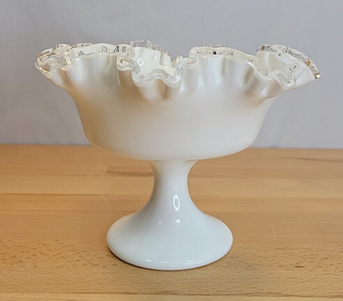 Vintage Fenton Milchglas gekräuselt Bonboniere Standfuß Kompott Silvercrest Rand - Bild 6 von 8