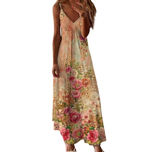 Women Plus Size Maxi Sun Dress Trendy Flowy Beach Long Spaghetti Strap Dress - Picture 33 of 37