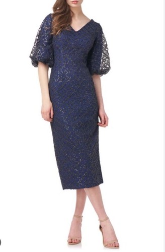 JS Collections Adeline Cocktail Midi Dress Dark Midnight Navy Blue NWT Womens 8