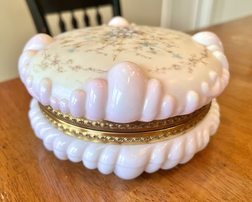 Antique Wave Crest Hinged White Dresser Box Hand Painted Blue Purple Floral 7” - Picture 5 of 12