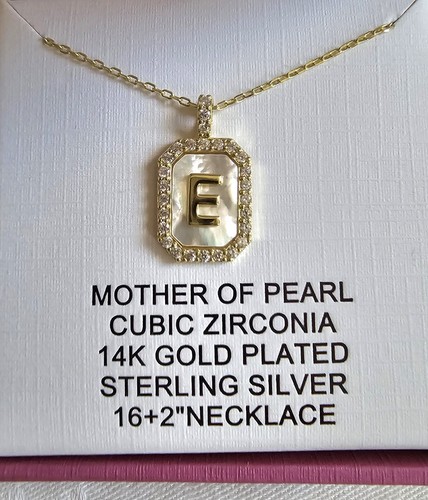 Letter "E" on Mother of Pearl Plate with CZ, Sterling Silver Necklace, NIB - Bild 9 von 9