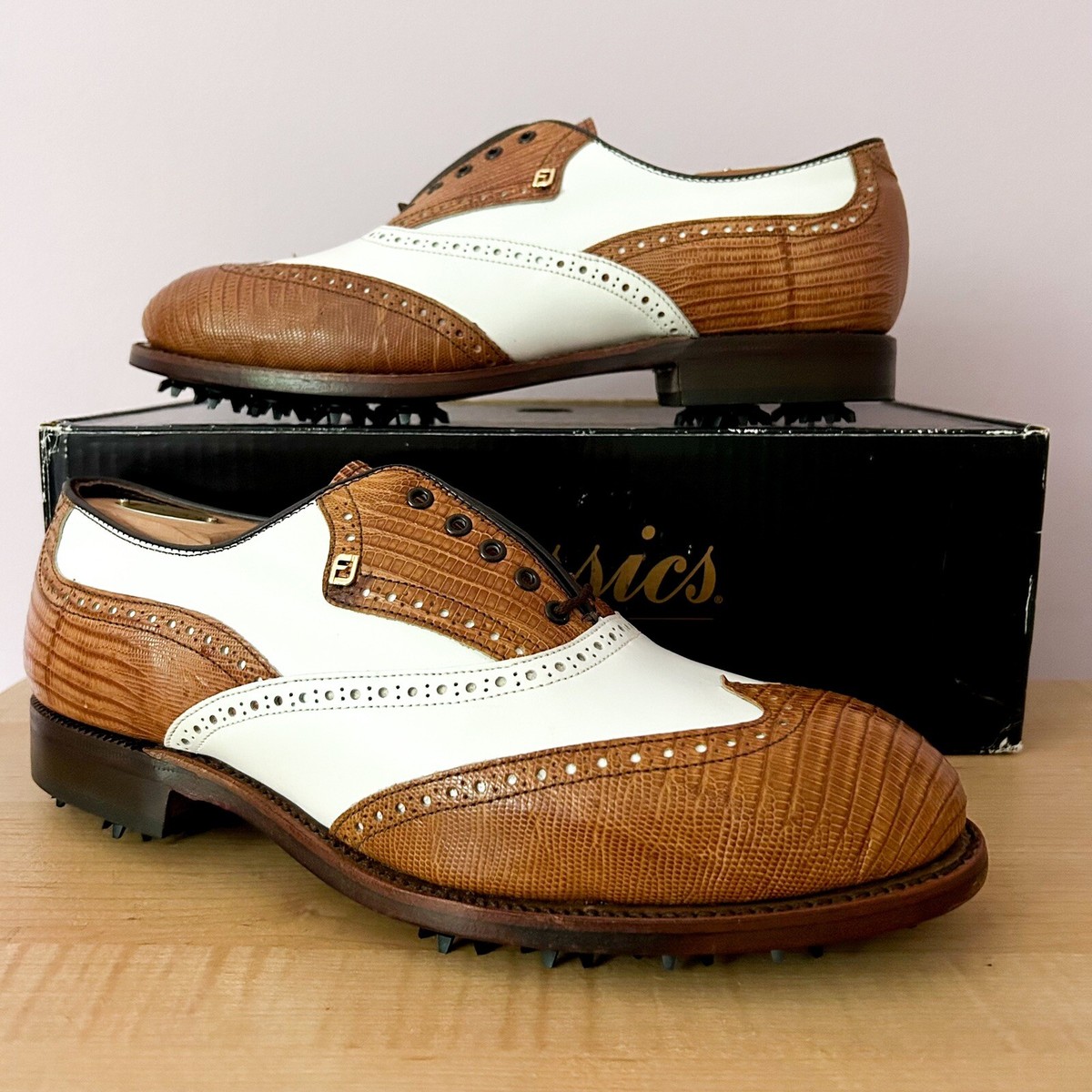 未使用　Handcrafted in USA FootJoy Classics NEW FootJoy Classics Cognac Lizard White Leather spectator