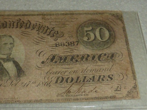 Billete de 50 dólares moneda confederada 1864 guerra civil Jefferson Davis de colección - Imagen 4 de 11