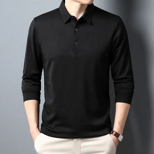 New Men's Business Fashion Casual Long Sleeved Shirt Solid Color Polo Shirt - Picture 11 of 30