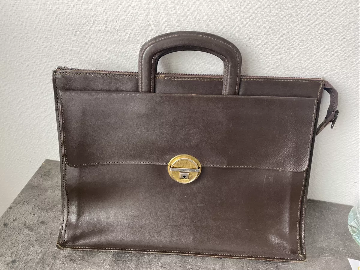 Ancienne Sacoche De Travail Cartable Cuir Marron Serviette Vintage