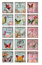 Set of 15 Vintage French Butterflies & Woodgrain STICKERS - Just Cut & Use!