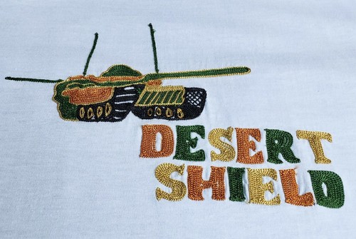 Vintage 1990s Embroidered Desert Shield T-Shirt, Light Blue, From Saudi Arabia - Bild 5 von 8
