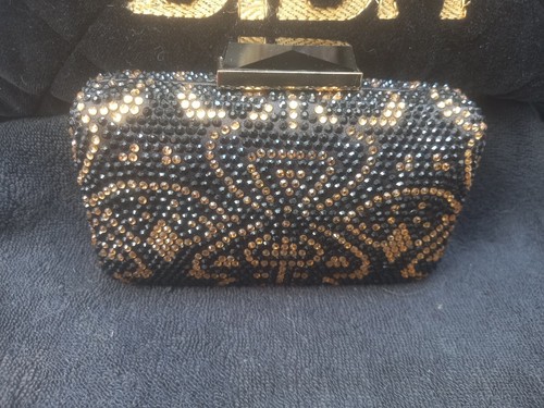 Biba Black Diamante Sparkle Logo Mini Hard Case Clutch Bag Chain Party Statement - Picture 12 of 16