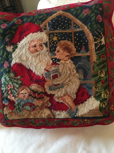 Vintage Needlepoint Pillow of 1950's Santa & Boy  14x13 inches - Bild 1 von 4