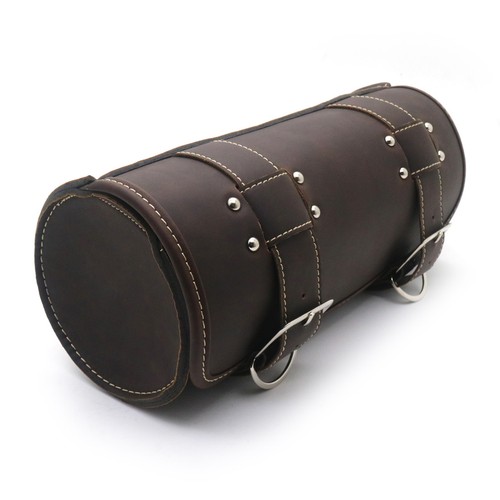 Motorcycle Dark Brown PU Leather Saddlebag Round Barrel Saddle Tool Bag - Imagen 4 de 9