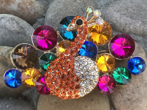 Peacock Bird Rhinestone Brooch Pin Vintage Crystal Glass Large Bright Multicolor - Picture 3 of 16