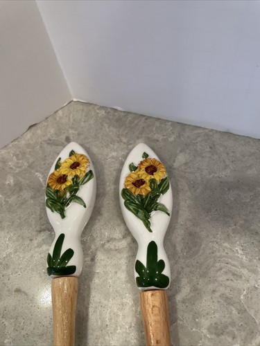 Salad Serving Utensils. Wood And Hand-painted Ceramic Handles. 11” Sunflowers - Picture 2 of 3