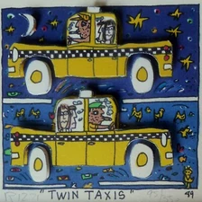 James Rizzi NYC Twin Taxis N.Y 1989 Hand Signed 3-D Serigraph Framed Pop Art