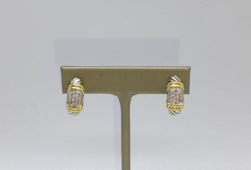 David Yurman 925 750 Diamond Cable Shrimp Earrings 925 Sterling Silver 18kt Gold