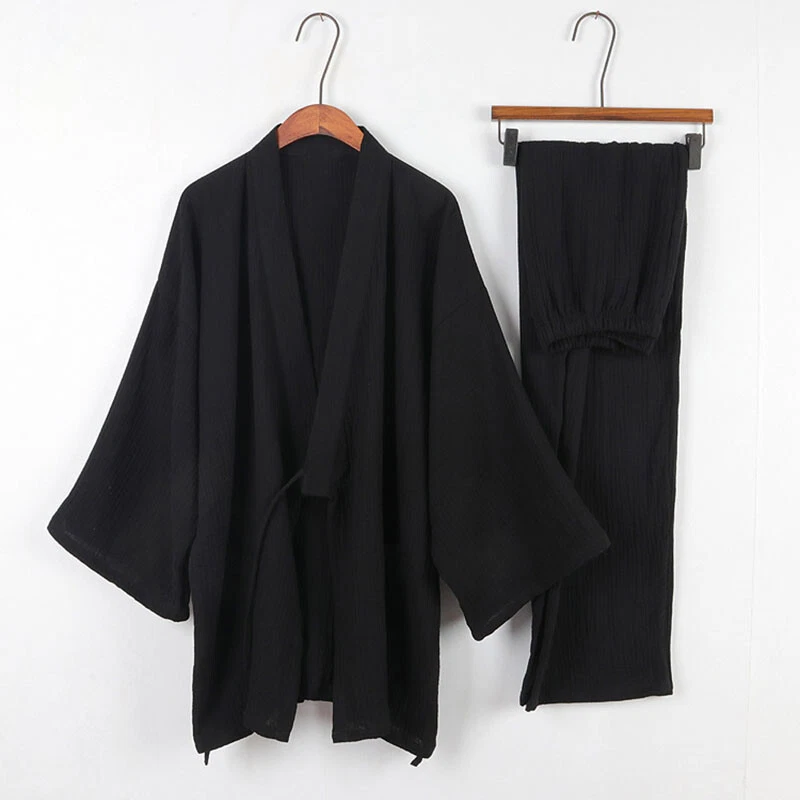 Conjunto de pijama japonés de algodón crepé Yukata para hombre Kimono Top Pantalones Prendas para dormir Salón Foto 2 de 4