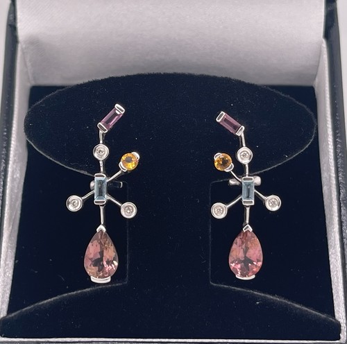 14K White Gold Multi Color Semi Precious Gemstone & Diamond Drop Earrings - Picture 9 of 9