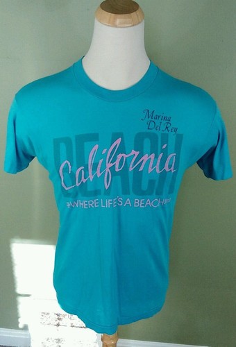 Vtg 80's Paper Thin Marina Del Ray Beach California Surf T Shirt Teal Pink XL/L - Picture 2 of 5