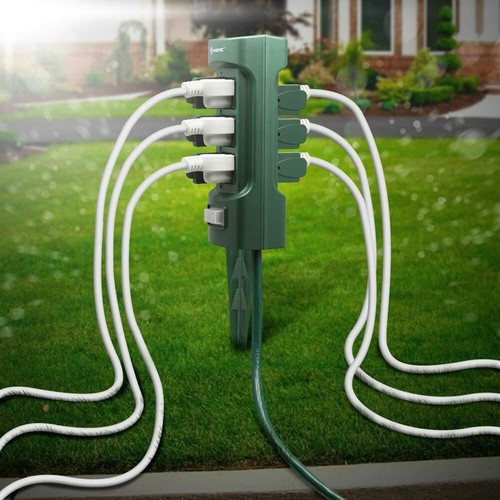 6-Outlet 9 ft Extension Cord Power Stake, Sided Weatherproof Safety Flip Covers - Picture 6 of 7