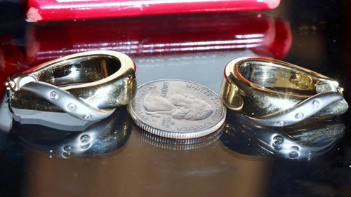 14k multi tone gold earrings 0.06ct natural diamond 1.25" hoop 5.10gr N3658 - Picture 4 of 24