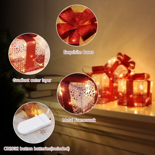 Set of 3 Lighted Gift Boxes Christmas Outdoor Decoration Pre-lit Light Up Xma... - Picture 2 of 9
