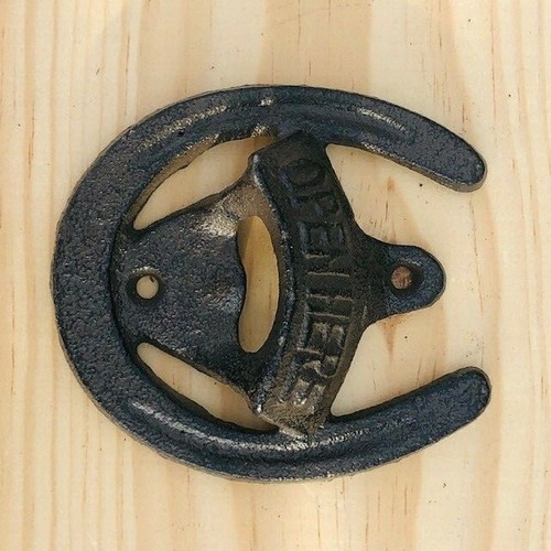 Cast Iron HORSESHOE Bottle Opener Wall Mount Bar Open Here Barware Beer Soda Pop - Picture 2 of 7