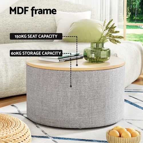 Artiss Storage Ottoman Blanket Box 60cm Foot Stool Coffee Table Linen Round Grey - Picture 5 of 8