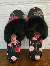 Victoria Secret Signature Satin Slippers Black Floral L Large 9/10